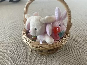 Woven Easter Basket With 4 Cute Pink & White Plush Bunnies Holding Candy - Picture 1 of 4