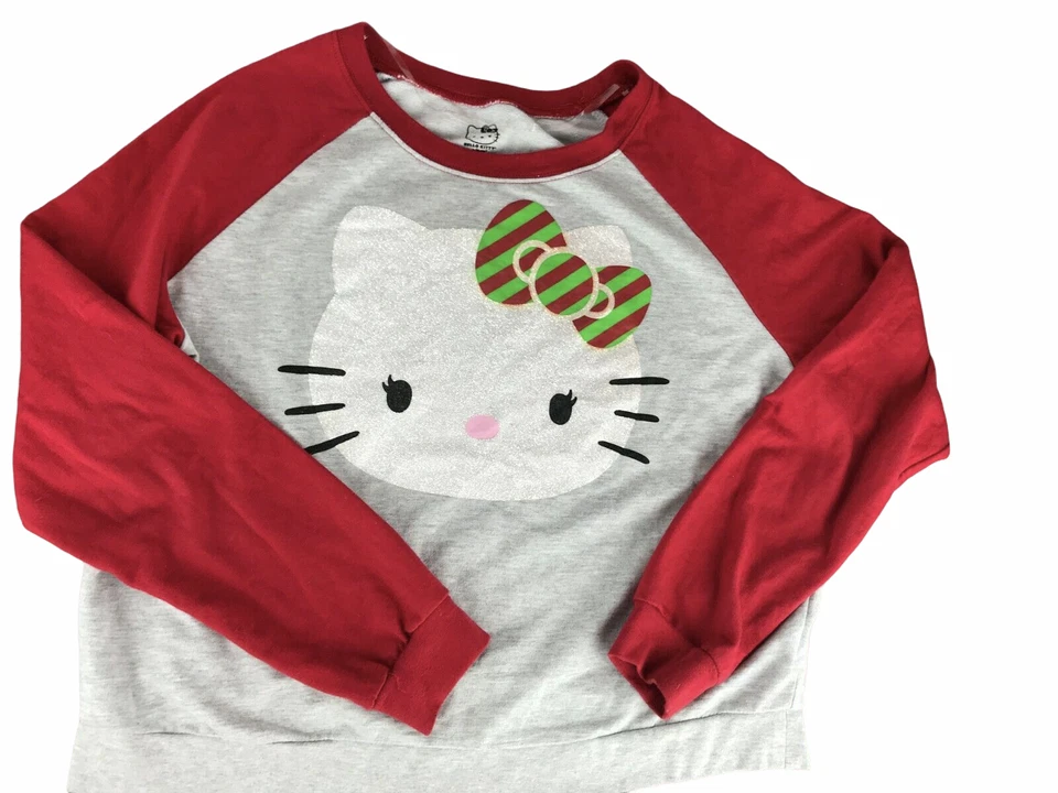Hello Kitty Long Sleeve Shirt Holiday Christmas Red Sleeves Gray Girl's Lg 11-13 - Image 1 of 4