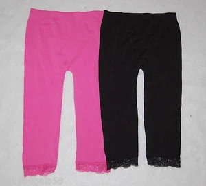 TWO PAIR GIRLS TIGHTS Footless FUSCHIA PINK Black LACE TRIM Fits 7-16 - Picture 1 of 2