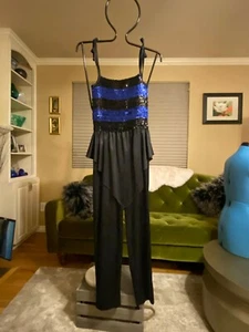 Vintage 70s VICKY VAUGHN Black Blue Sequined Jumpsuit sz 9 Disco NEW NWOT - Picture 1 of 3