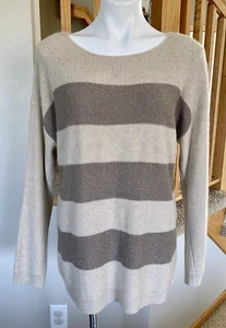 Coldwater Creek Large 14 Beige Metallic Striped Warm Wool Boat Neck Sweater - Picture 1 of 8