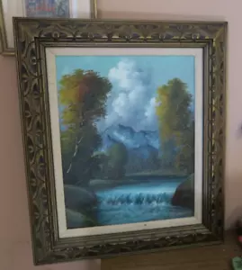 Signiertes P Dario Öl auf Leinwand Gemälde Berg Fluss Landschaft gerahmt 16" x 20" - Bild 1 von 9