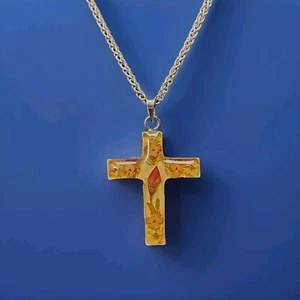 925 Sterling Silver Honey Amber Flower Rose Cross Pendant With 20" Italian Chain - Picture 1 of 15