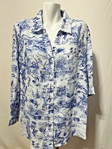 Women Linen 3X Shirt Tunic Blouse White Blue Button Up Tropical Joie New NWT - Picture 1 of 7