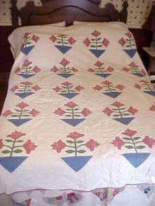 APPLIQUE QUILT, PINK FLOWERS in BLUE POT, 1930s Hand Made - Picture 1 of 5