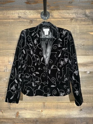 Blazer Covington Feminino Tamanho 4 Veludo Bordado Feriado Preto Floral - Imagem 1 de 4