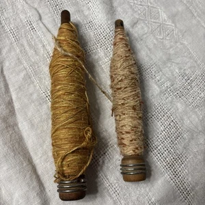 2 Vintage Industrial Wooden Sewing bobbin with Orange Yellow White - Picture 1 of 24
