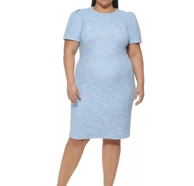 Calvin Klein 20W Stretch Tweed Puff Sleeve Blue White Knee Length Sheath Dress - Image 1 of 4