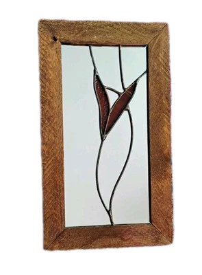 Espelho com moldura de madeira vitral por Orpheus espelhos 8,5x14,5" arte assinada vintage - Imagem 1 de 4