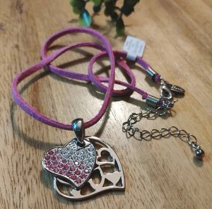 Collana cuore cristallo intatto rosa/chiaro LIA SOPHIA nuova con catena in pelle 15"+! - Foto 1 di 9