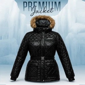 Ellesse Women's High Shine Coated Padded Winter Coat Parka Faux Fur Belt Novara - Picture 1 of 8