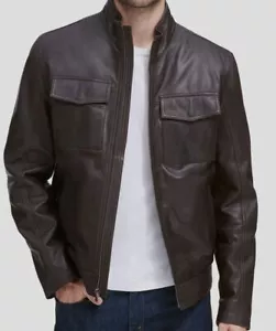 $750 Cole Haan Men's Brown Full Zip Trucker Washed Leather Coat Jacket Size S - Picture 1 of 5