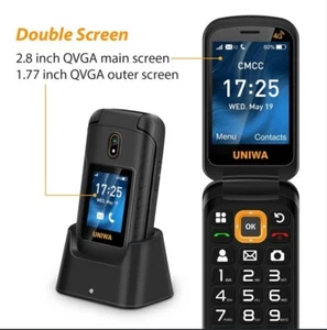 UNIWA V909T 4G Flip Phone 2.8"+1.77" SOS Bluetooth UNISOC T107 Dual screen - Picture 1 of 7