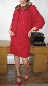 VTG Dress & Jacket Red with Faux Fur Collar wiggle skirt by Marty G 60s Jackie o - Bild 1 von 12