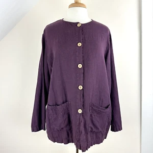 Gina Peters Damen 2 Leinen lila aufgesetzte Taschen Shirt Jacke Knopfleiste Lagenlook - Bild 1 von 14