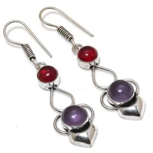 Amethyst, Garnet Gemstone 925 Sterling Silver Handmade Earring 2.29 " H214 - Picture 1 of 8