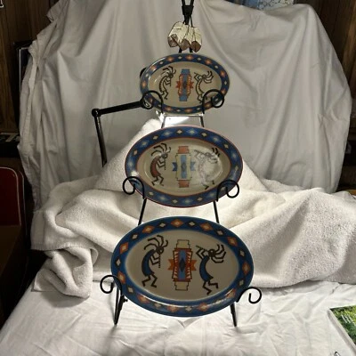 Juego de 3 platos decretivos Kachina Southwest pequeños medianos grandes con soporte de cerámica Foto 1 de 4