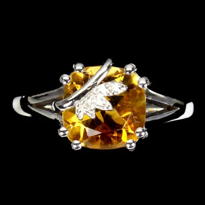 925 Anello Argento Sterling Cuscino Giallo Citrino 9mm Gemma Gioielli Misura 6 - Immagine 1 di 4