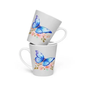 Gift for Mom 12oz Ceramic Latte Mug Blue Butterflies Microwave & Dishwasher Safe - Picture 1 of 13
