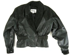 Chaqueta de Colección Chia Cuero Negro Recortada Mujer Pequeña Motocicleta Punk Icónica Años 80 - Imagen 1 de 15