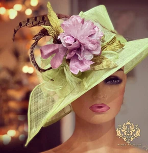 Kentucky Derby Hat Ascot Hat Race Lime Green Lavender Purple Silk Velvet Flower - Picture 1 of 24