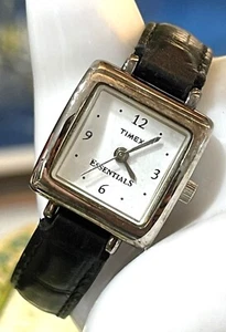 Timex Essentials Black Faux Leather Band White Dial Silver Case Watch - Picture 1 of 8