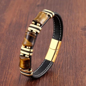 Pulsera De Acero Inoxidable Con Piedra Ojo De Tigre Para Hombre Cadena De Cuero - Picture 1 of 24