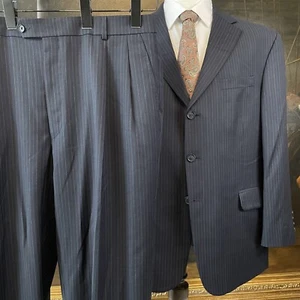 Stafford 44S 38 x 30 Super Suit 2Pc Black Blue Pinstriped 100% Wool 3Btn Suit - Picture 1 of 14