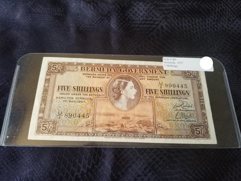 Bermuda 5 Shillings 1957 Pick #18b Very Fine Serial #U/1 890445 Cover