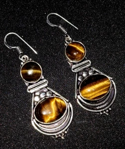 925 Sterling Silver Tiger Eye Gemstone dangle earrings large UK SELLER 4265 - Picture 1 of 9