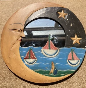 Specchio Stella della Luna Vintage anni '90 40 cm Legno Intagliato Spiaggia Celeste Tema Nautico - Foto 1 di 9