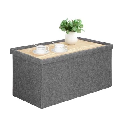  Folding Storage Ottoman Bench with Lid Tray, 30 inches Ottoman Coffee Grey - Image 1 of 4