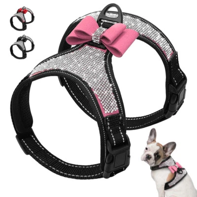 Bling Rhinestone Dog Harness Diamante Collar Crystal Bowtie Reflective Nylon - Image 1 of 4