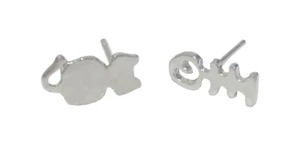 Cat & Fish Bone Silver Tone Fashion Earring Pair - Picture 1 of 4