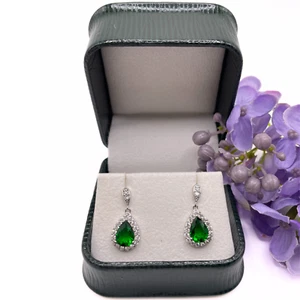 White gold finish Green Emerald Created diamond dangle drop earrings Gift - Picture 1 of 6