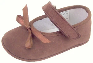 DE OSU -Spain -Baby Girls Brown Leather Bow Dress Crib Shoes -European -Sz 1-3 - Picture 1 of 5
