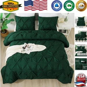 Elegant Dark Green Pinch Pleat Microfiber Comforter Set, Queen Size 90x90 - Picture 1 of 9