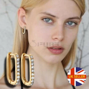 Gold Dipped Round Cut Crystals 10MMx14MM Rectangle Hoop Sterling Silver Earrings - Picture 1 of 12