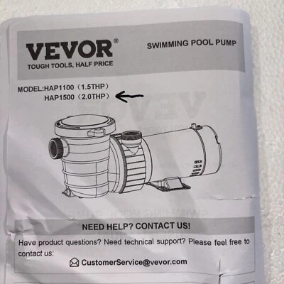 VEVOR  HAP1500   2hp - 110ac - 3450r/min - Swimming Pool Pump - Image 1 of 4