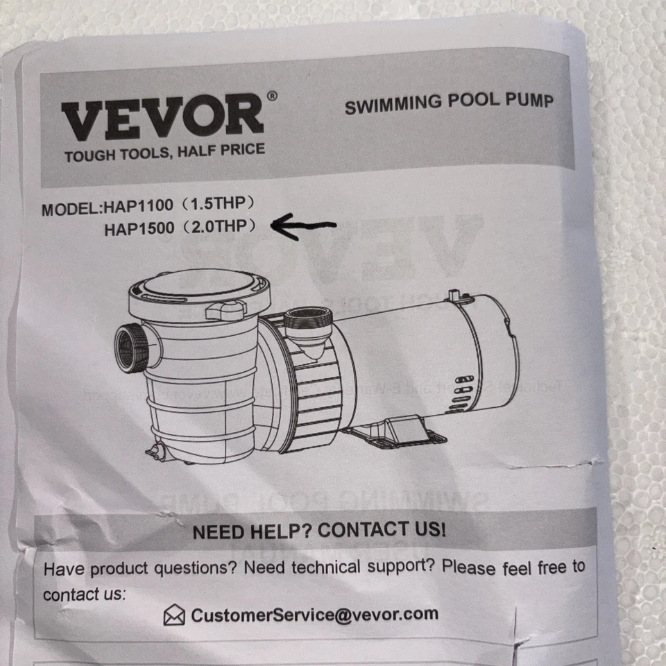 VEVOR  HAP1500   2hp - 110ac - 3450r/min - Swimming Pool Pump - Image 1 of 4