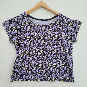 Tu T-Shirt Women Size 14 Black Blue Floral Cotton Short Sleeve Ladies Top - Picture 1 of 9