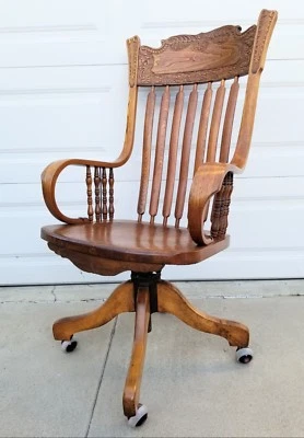 RARE Antique American Tiger Golden Oak lrg Banker Office North Wind arm chair Foto 1 de 4