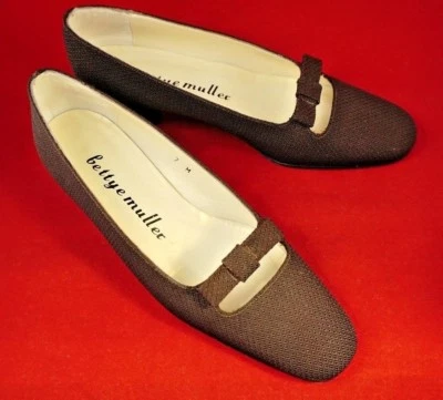 Bettye Muller низкий блок каблук насосы кожи с подкладкой ткани фиолетовый коричневый бант размер 7 М - Изображение 1 из 4