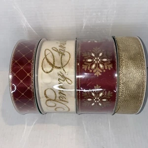 Members Mark Merry Christmas Snowflakes Wired Ribbon Maroon Cream, Gold, 4 Rolls - Picture 1 of 8