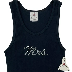 Braut "Mrs" geripptes Tanktop Damen Medium schwarz mit klaren Strasssteinen neu mit Etikett NEU - Bild 1 von 17