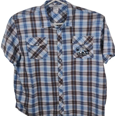 Camisa de manga corta a presión de perlas de los parques de Disney para hombre L 71 Surf Tours azul occidental   Foto 1 de 4