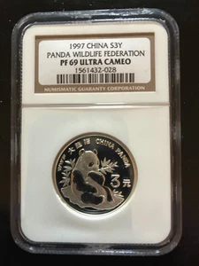 1997 SILVER CHINA 3 YUAN PANDA WILDLIFE FEDERATION FUND WWF COIN NGC PF 69 UC - Picture 1 of 2