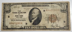 U.S.A. 🇺🇸 TEN DOLLARS BANKNOTE 1929 (FEDERAL RESERVE BANK OF NEW YORK / TORN) - Picture 1 of 3