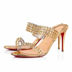 Christian Louboutin Spikes Only 85 Gold PVC Slide Mule Open Sandal Heel Pump 36 - Picture 1 of 7