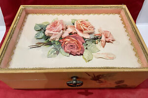 Antique Decoupage Wood Shadow Box  Floral Jewelry Trinket